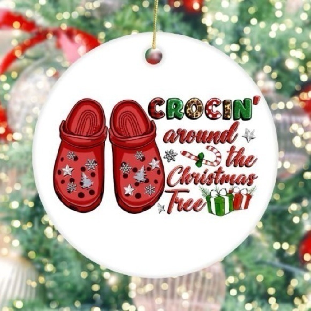 Crockin’ Around The Christmas Tree White Ceramic Christmas Ornament
